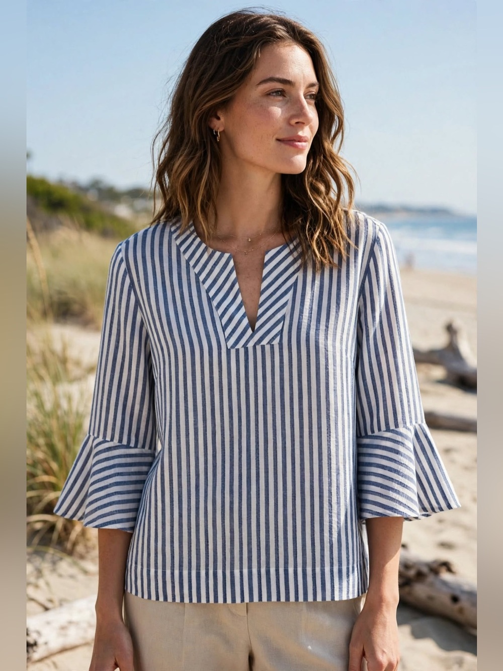 Chico’s Navy White Striped Split Neck Bell Sleeve Blouse Size 2